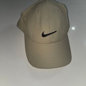 Vtg Nike Swoosh Wool Blend Dad Hat Khaki Tan Black Embroidered Strapback Cap Y2K